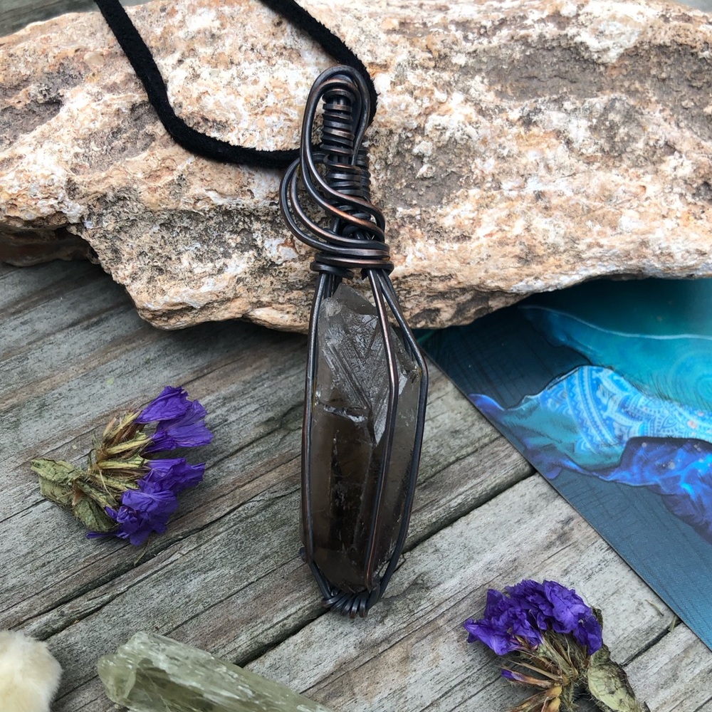 Oxidized Wire Wrapped Smoky Quartz Crystal Point Pendant Necklace